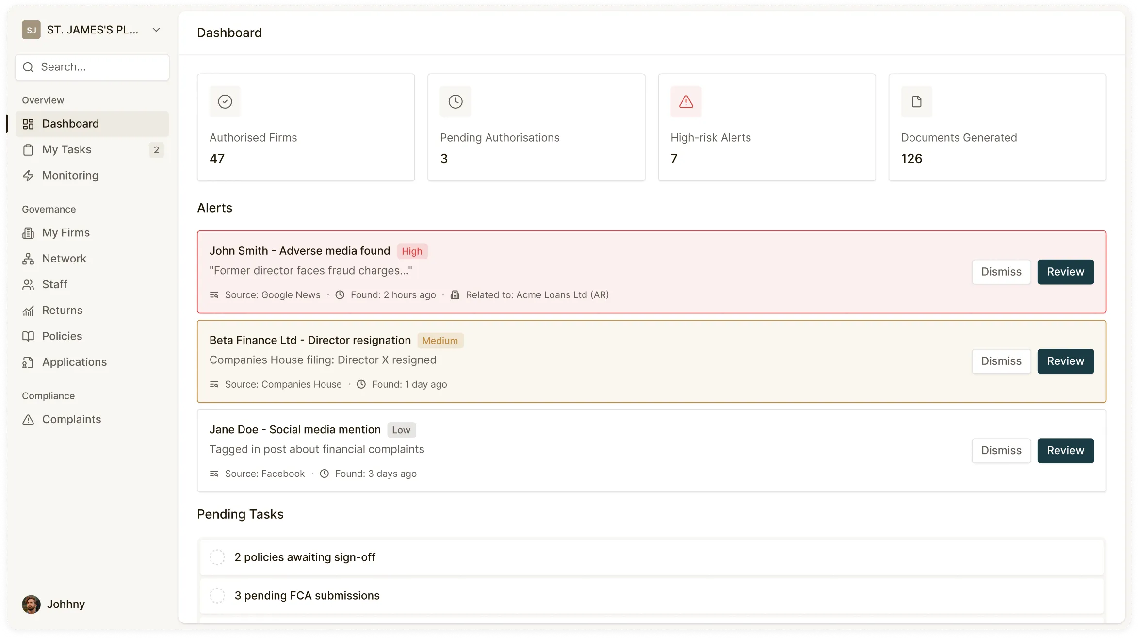 Merrin dashboard showing FCA compliance monitoring and automated regulatory tracking